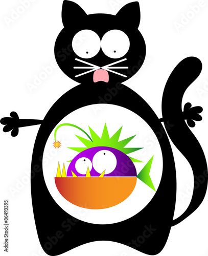 Cat with monster fish inside. Illustration of a black cat with a monster fish inside stomach