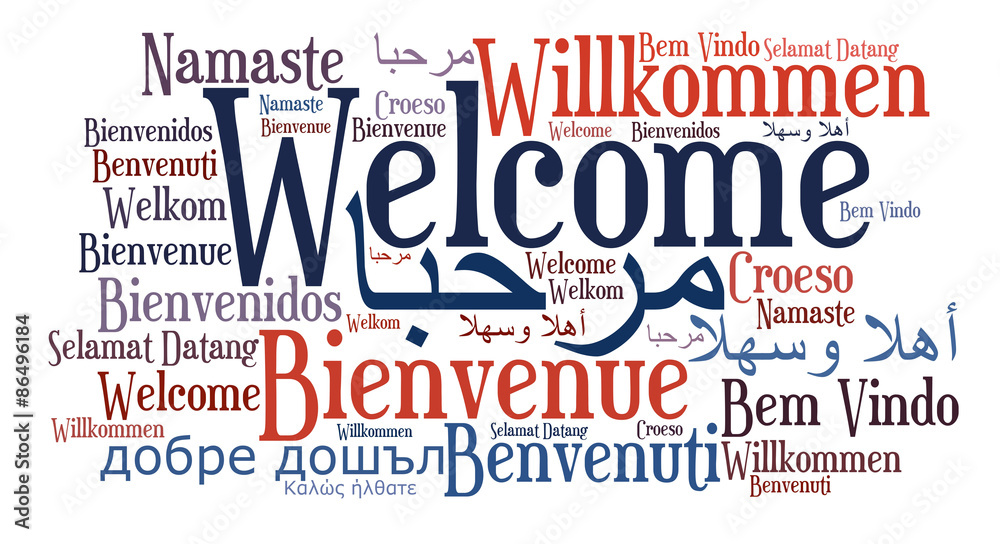 Welcome phrase in different languages. Words cloud concept. Multilingual.
