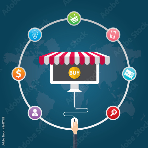 Flat design vector illustration icons of e-commerce symbols, marketing, online shopping