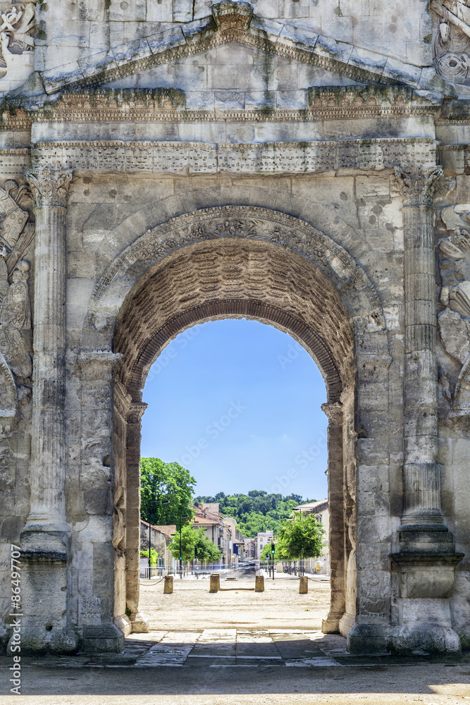 View through the central arch of the Arch of Triumph in Orange