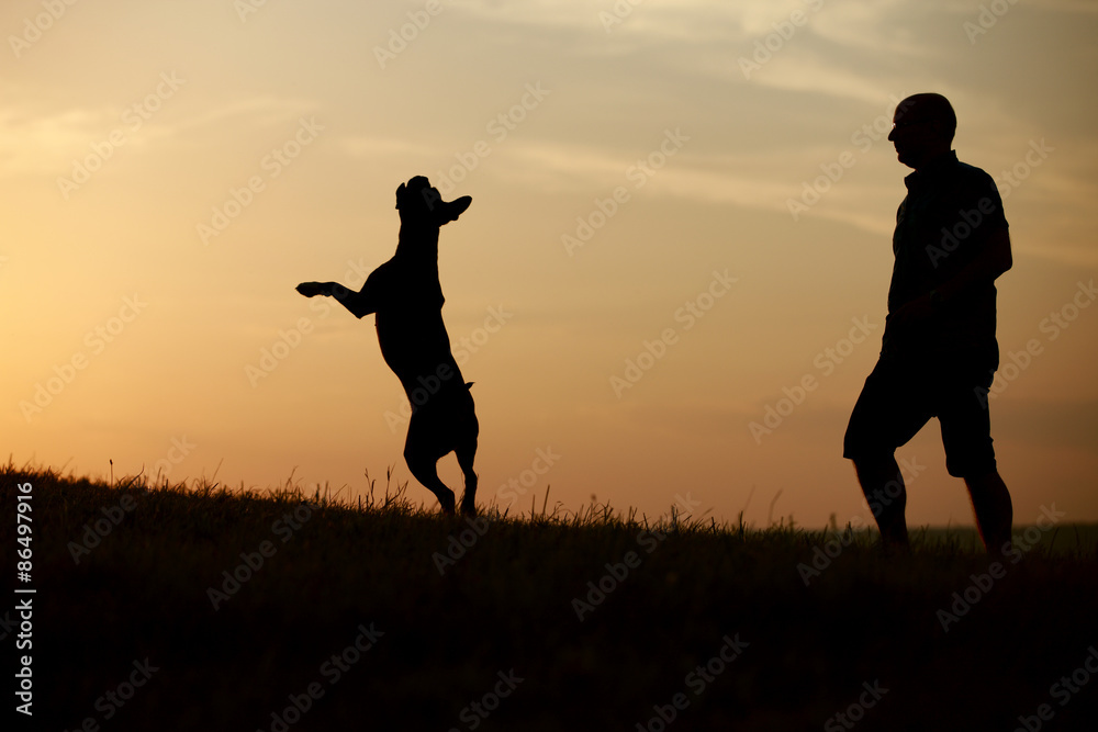 Hund und Herrchen als Silhouette bei Sonnenuntergang Hund und Herrchen als Silhouette bei Sonnenuntergang