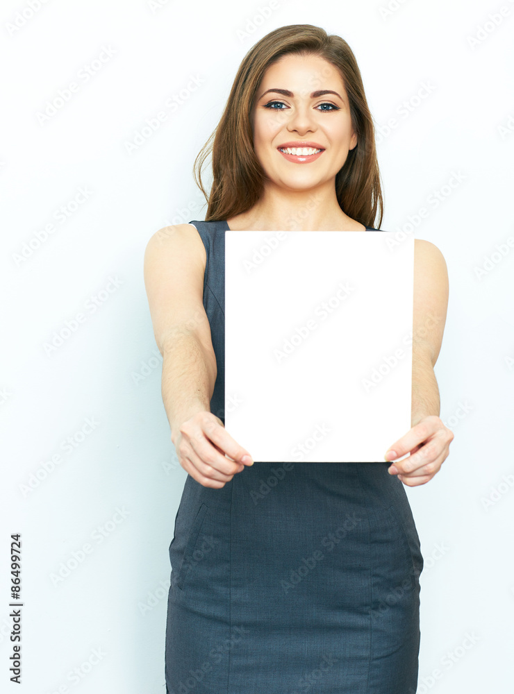 business woman isolated portrait with white blank card. business woman isolated portrait with white blank card.