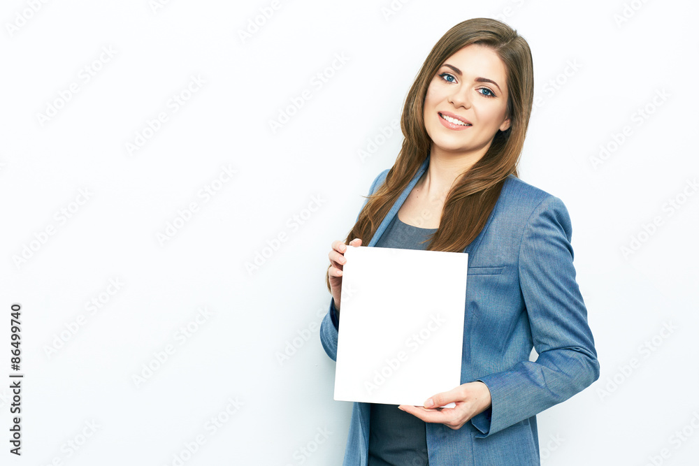 Business Woman hold white card. female model with long hair. Business Woman hold white card. female model with long hair.