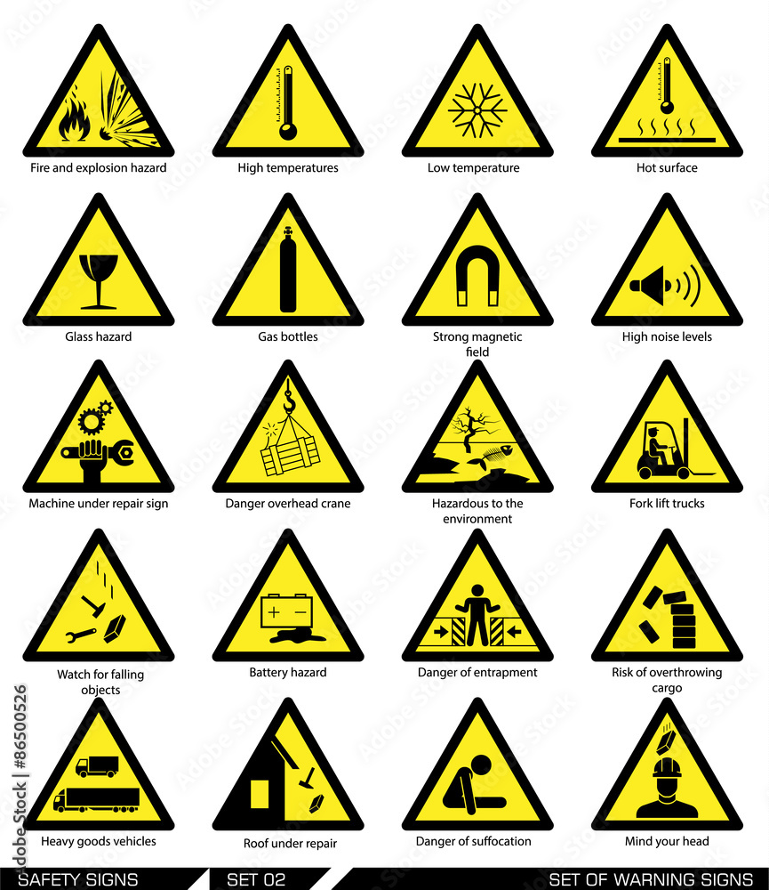 Set of safety signs. Caution signs. Collection of warning signs. Vector illustration. Signs of danger. Signs of alerts. Set of safety signs. Caution signs. Collection of warning signs. Vector illustration. Signs of danger. Signs of alerts.