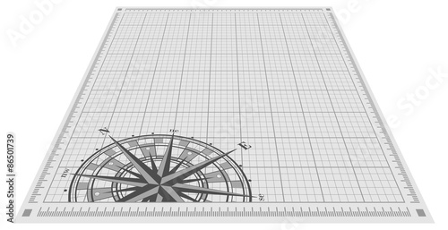 Compass rose silhouette over blueprint background