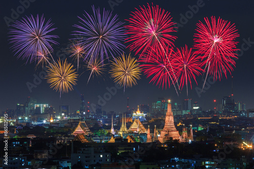Wat Arun and Bangkok City with Colorful Fireworks, Thailand