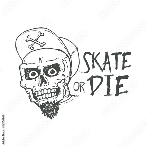 Skate or die lettering tattoo design. Skater scull vintage t