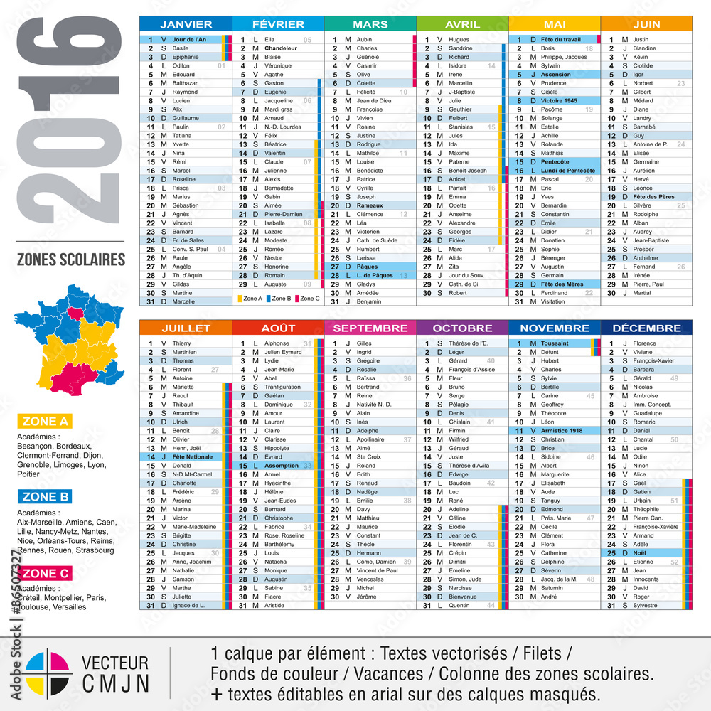 Calendrier français 2016 avec vacances scolaires et zones académiques