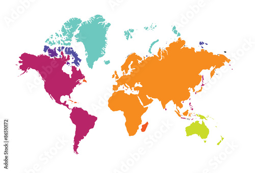 World map of the world continents Europe Australia America color vector illustration