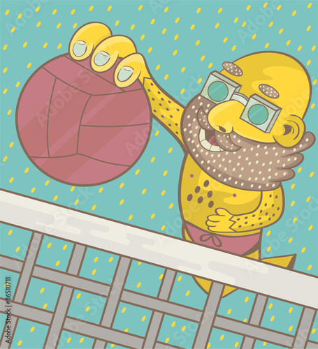 A man with a beard and glasses plays beach volleyball