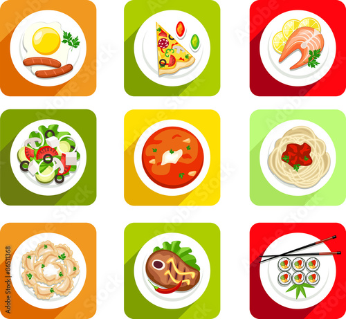 vector, food, icon flat, top view, scrambled eggs, sausages, pizza, fish, salmon, salad, soup, soup, pasta, dumplings, meat, steak, sushi, meal, breakfast, lunch, dinner
