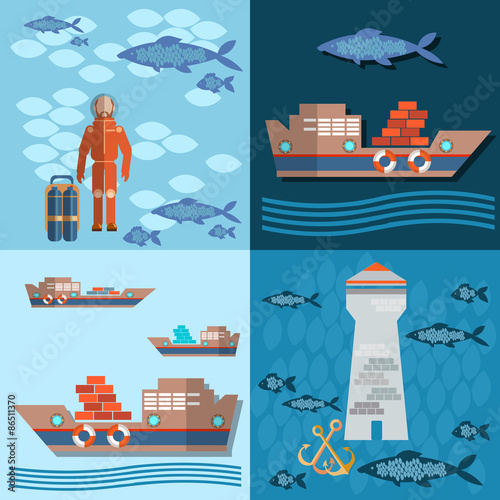 Study of sea and ocean, trucking, ships and fishing, vector 