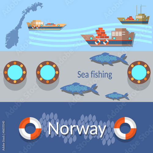 Sea fishing in Norway,  industrial fishing, vector 
