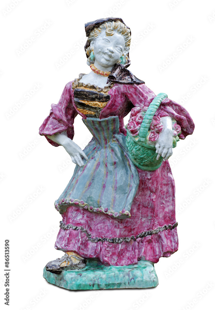 Old figurine. Ceramic figure of woman florist isolated on white.