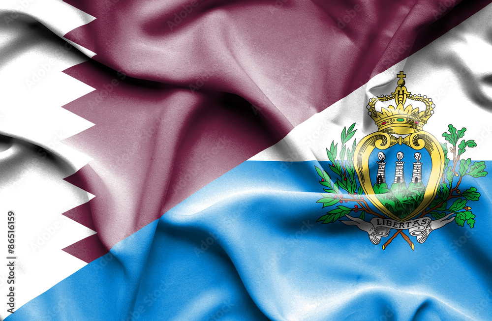 Waving flag of San Marino and Qatar