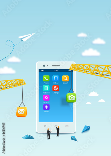Construction white smartphone, software and mobile application development. Template design cover book, flyer, poster