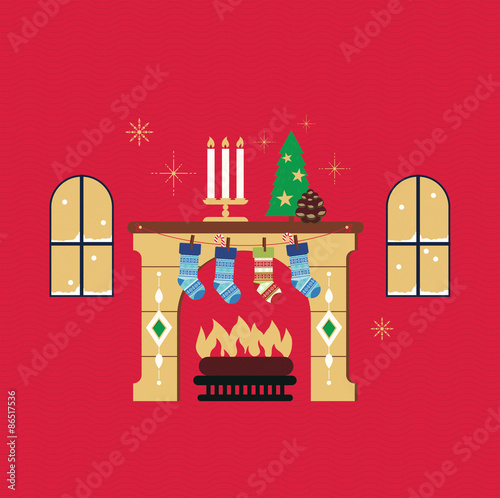 Christmas fireplace red background vector
