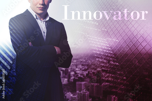 Obraz na plátně Double exposure of businessman and city.Business, technology, in