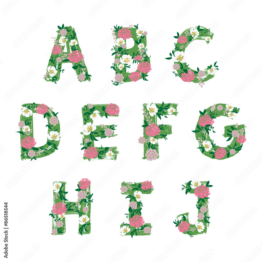 decoration floral font illustration, letter A B C D E F G H I J, Stock  Vector | Adobe Stock