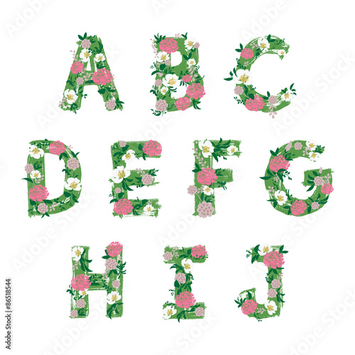 decoration floral font illustration, letter A B C D E F G H I J,