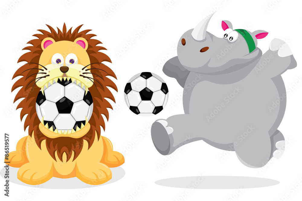Lion and Rhinoceros play with Football Lion and Rhinoceros play with Football