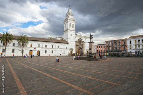 Historic Plaza de Santo Domingo with Dominican art museum in old town of Quito, Ecuador
