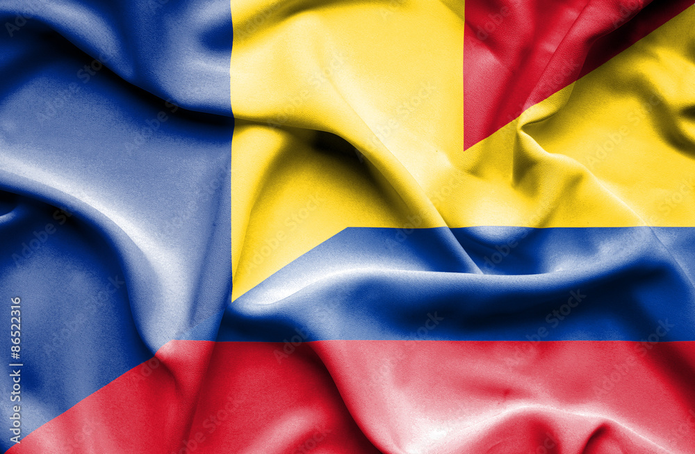 Waving flag of Columbia and Romania Waving flag of Columbia and Romania