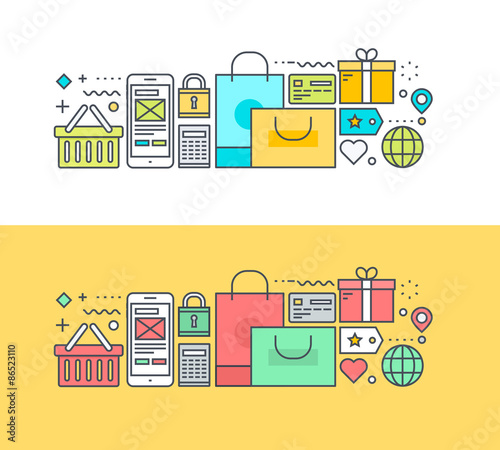 Thin line flat design concept on the theme of online shopping and m-commerce. Concept for website banners and promotional materials.
