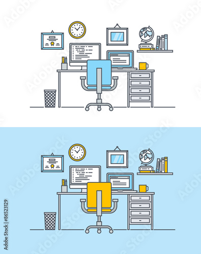 Thin line flat design concept of creative web design and developer workspace. Concept for website banners and promotional materials.