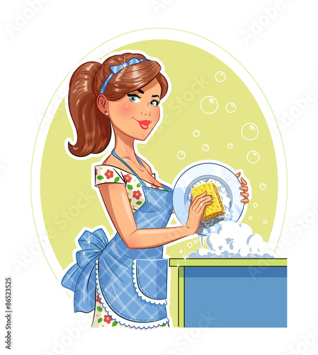 Beautiful girl washing plate. Eps10 vector illustration.