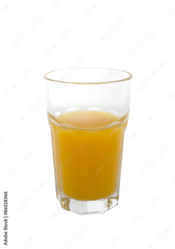Orange juice glass on white background