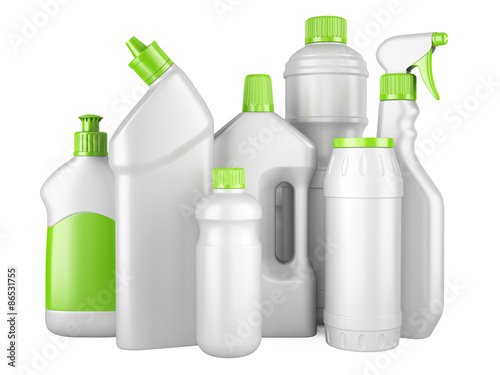 Foto Set of white clean bottles with detergents
