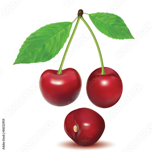 Ripe red berries cherry with leaves isolated on white background