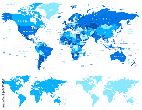 Blue World Map - borders, countries and cities - illustration with different specification. 1 - highly detailed: countries, cities, water objects 2 - country contours 3 - world contours 