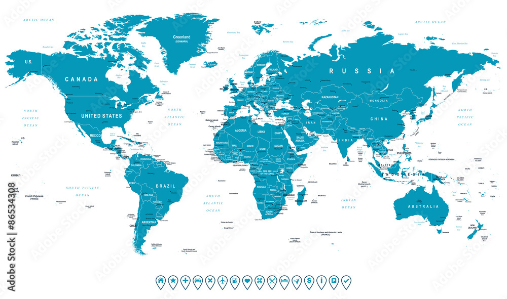 World Map and navigation icons - illustration.Highly detailed world map:
countries, cities, water objects.
