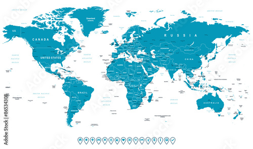 World Map and navigation icons - illustration.Highly detailed world map   countries  cities  water objects.