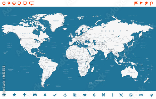 Steel Blue World Map and navigation icons - illustration.Highly detailed world map   countries  cities  water objects.