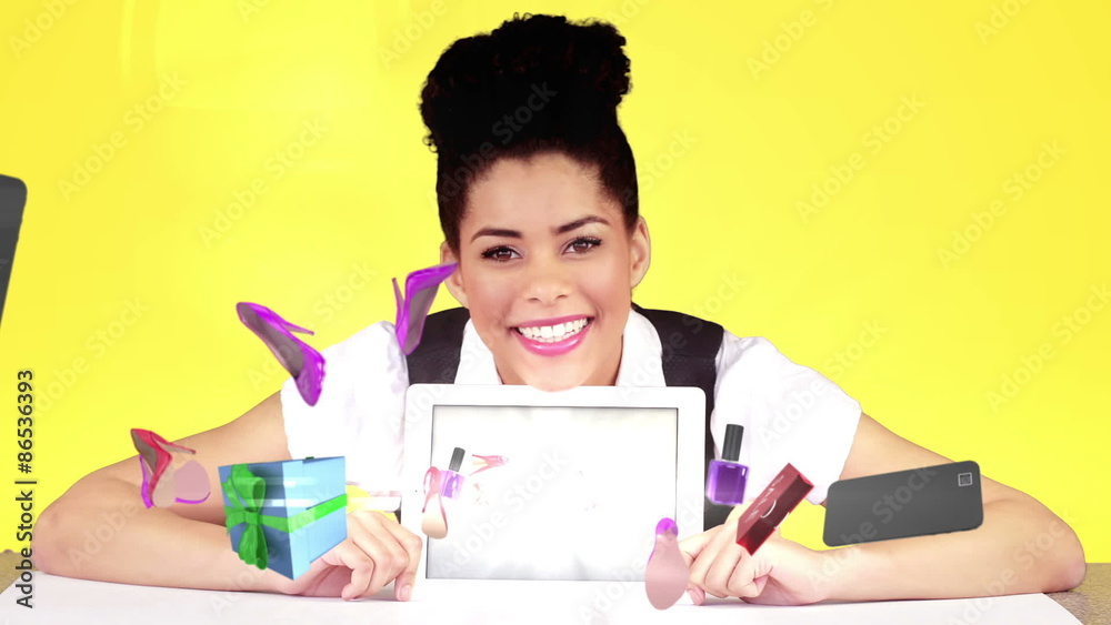 Pretty brunette presenting e-shopping concept Pretty brunette presenting e-shopping concept