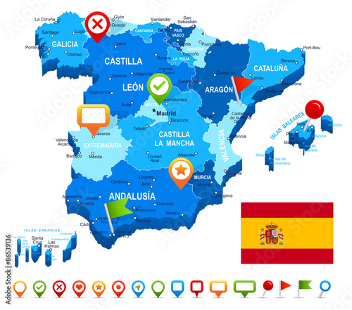 Spain map 3D, flag and navigation icons.Image contains next layers: land contours,country and land names, city names, water object names,flag,navigation icons.