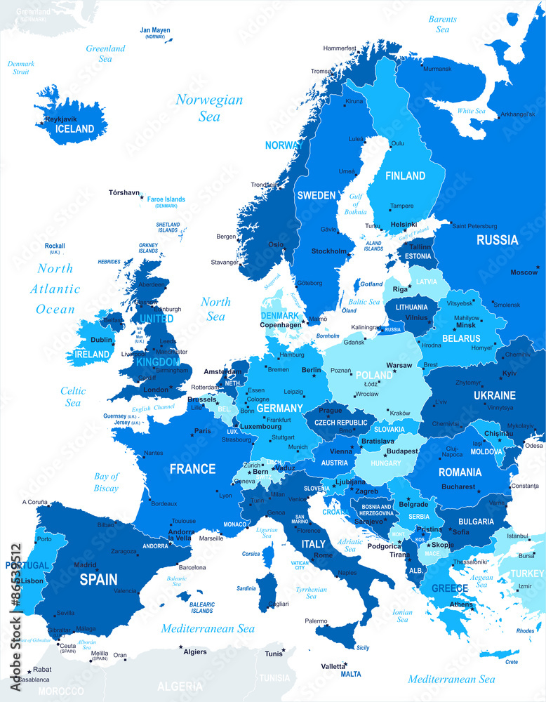 Naklejka premium Mapa Europy - bardzo szczegółowa ilustracja wektorowa. Obraz zawiera kolejne warstwy: kontury lądu, nazwy krajów i gruntów, nazwy miast, nazwy obiektów wodnych.