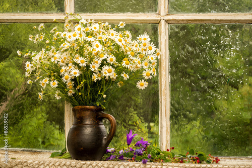 Fototapeta Naklejka Na Ścianę i Meble -  still life bouquet of chamomiles on a window sill in a sunny rainy day