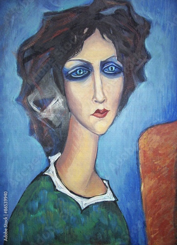 Acrylic colorful painting. Canvas. Portrait of long-necked blue-eyed woman in a green dress with a white collar  at the easel on a blue background. Interior decor. photo