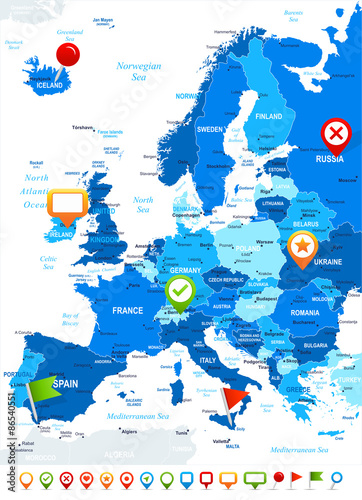 Europe - map and navigation icons - illustration.Image contains next layers:
land contours, country and land names, city names,water object names, navigation icons.