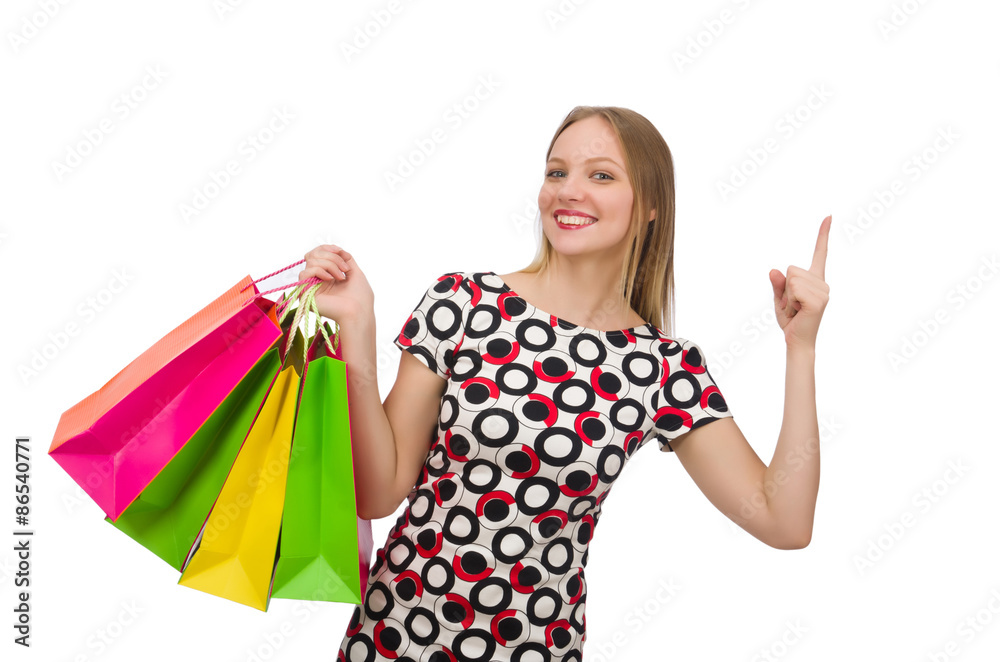 Young woman with plastic bags isolated on white Young woman with plastic bags isolated on white
