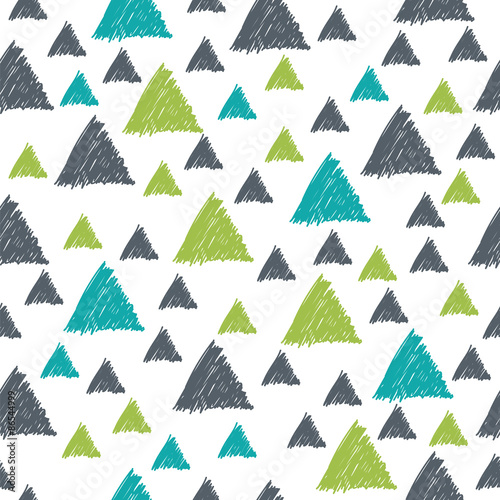 Seamless pattern with hand drawn green and grey triangles. Seaml