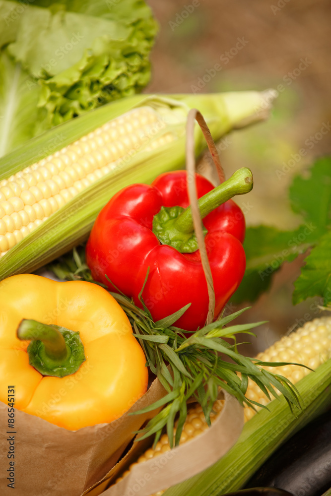 Fresh vegetables at shopping bags grocery market Fresh vegetables at shopping bags grocery market