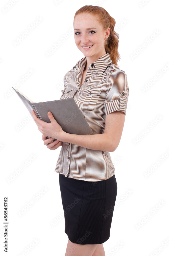 Pretty young employee with paper isolated on white