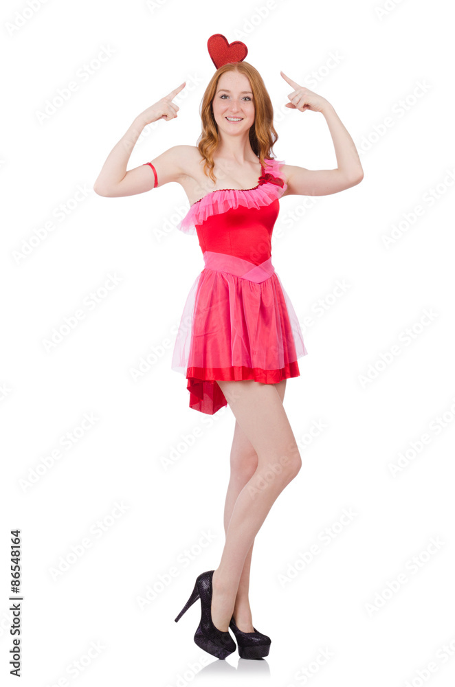 Pretty young model in mini pink dress isolated on white Pretty young model in mini pink dress isolated on white