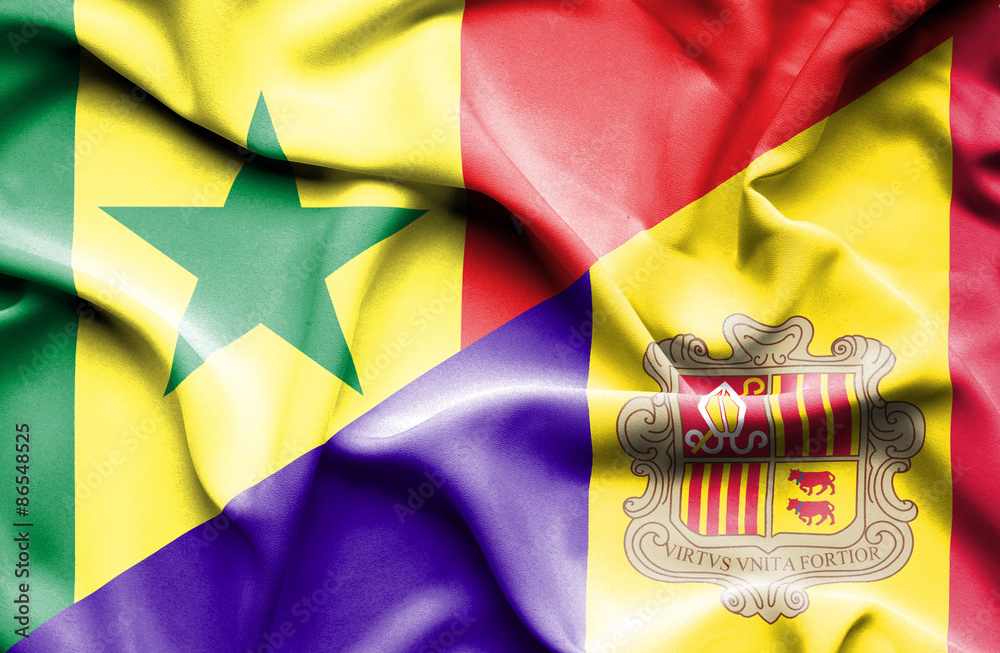 Waving flag of Andorra and Senegal