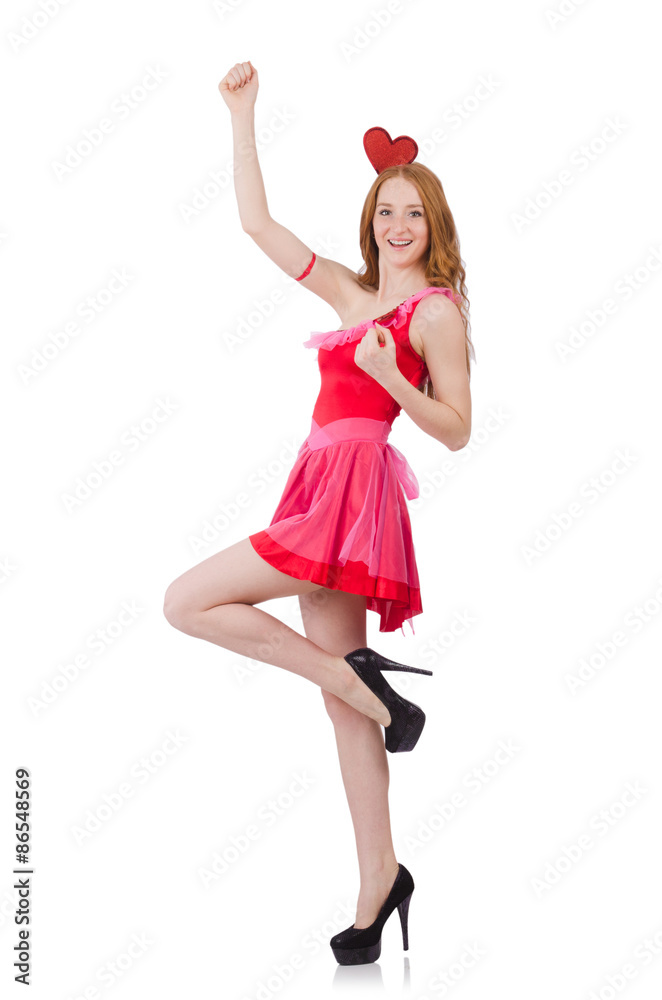 Pretty young model in mini pink dress isolated on white Pretty young model in mini pink dress isolated on white